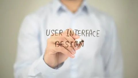 User Interface Design, Man Writing on Transparent Screen Stock Photos