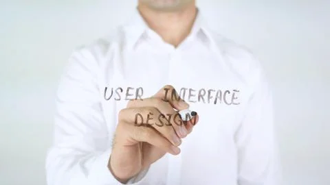User Interface Design, Man Writing on Glass Stock Photos