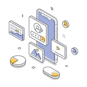 User interface design mobile software development concept isometric line vect Stock Illustration