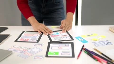 User Interface Design Process: Asian Woman's Hands Crafting App Layouts for.. Video stock 333470339