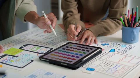 User Interface Design. Team discussing digital mockups and color palettes on a Stock Photos