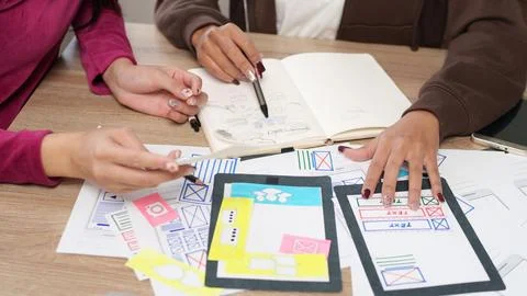 User Interface Designer Collaboration Asian Women Adult Working on Mobile A.. Stock Photos