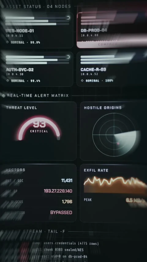User interface displaying Asset Status for various nodes and a live Alert Matrix Stock Footage 335880978