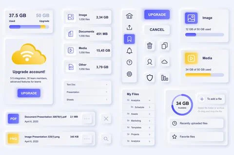 User interface elements for cloud technology mobile app. Unique neumorphic de Stock Illustration