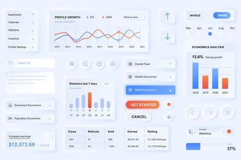 User interface elements for data analysis mobile app. Unique neumorphic desig Stockillustratie