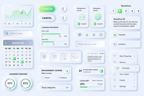 User interface elements for distant learning mobile app. Unique neumorphic de Stock Illustration