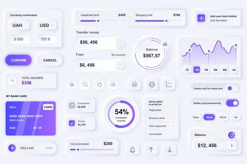 User interface elements for finance service mobile app. Unique neumorphic des Stock Illustration