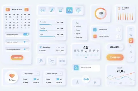 User interface elements for fitness mobile app. Unique neumorphic design UI,  Stock Illustration