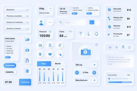User interface elements for medical mobile app. Unique neumorphic design UI,  Stock Illustration