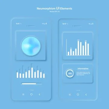 The user interface elements for the mobile app are blue. Stock Illustration