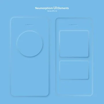 The user interface elements for the mobile app are blue. Neumorphic UI UX design Stock Illustration