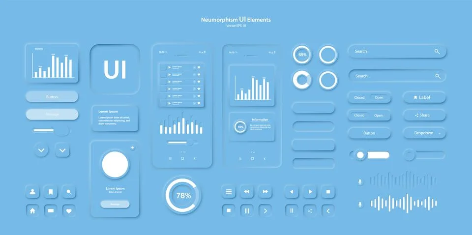 The user interface elements for the mobile app are blue. Stock Illustration