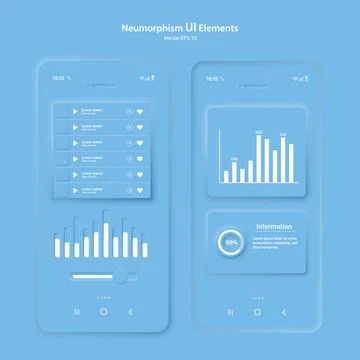 The user interface elements for the mobile app are blue. Stock Illustration