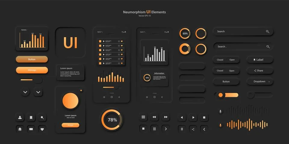 The user interface elements for the mobile app are in black and orange. Stock Illustration