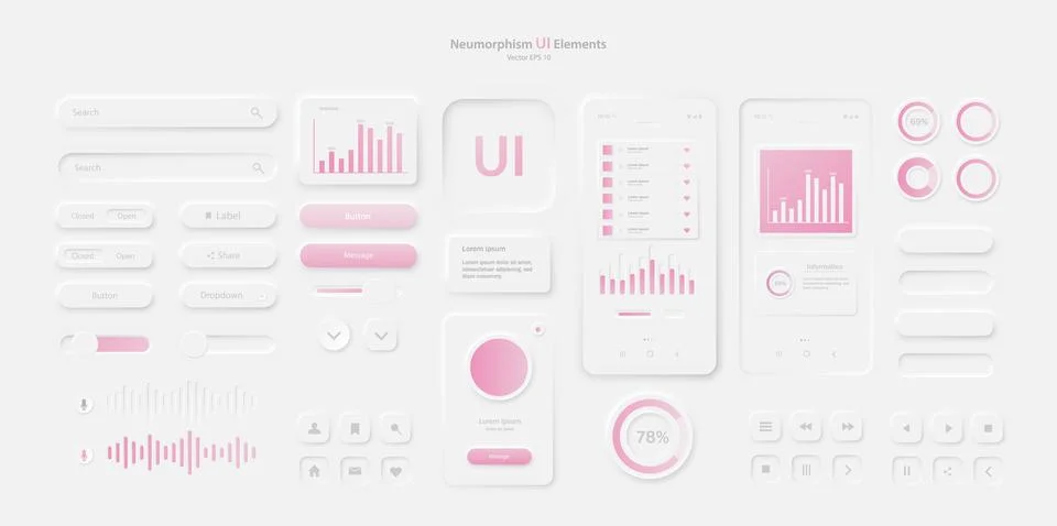 The user interface elements for the mobile application are white and pink. Stock Illustration