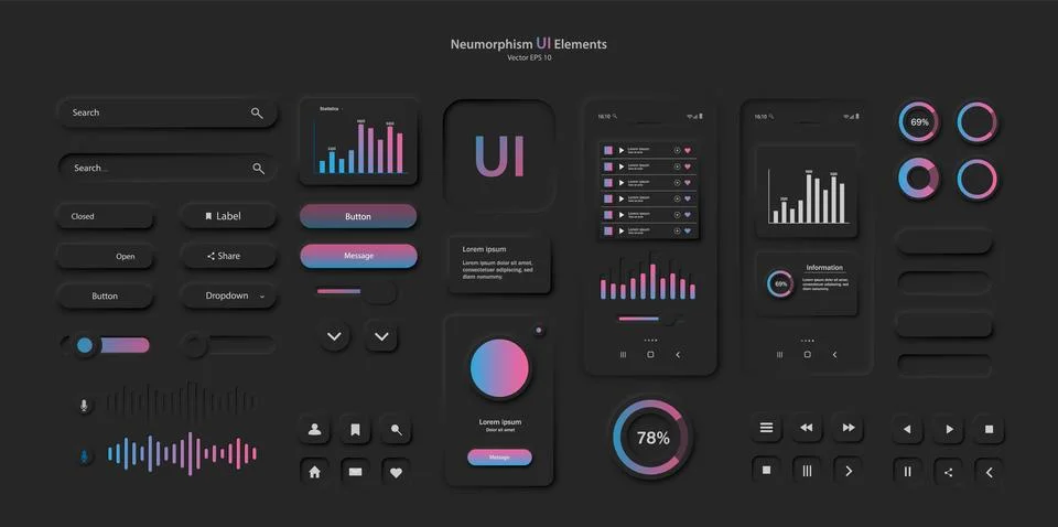 User interface elements for a mobile application in a dark style. Stock Illustration