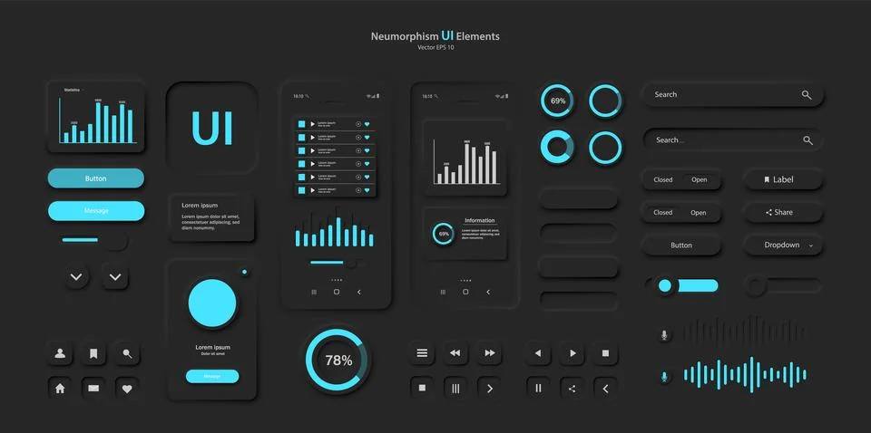 User interface elements for a mobile application in black and blue style Stock Illustration