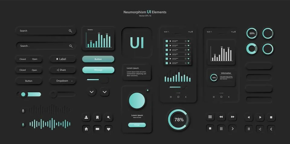 User interface elements for a mobile application in black. Illustrazione stock