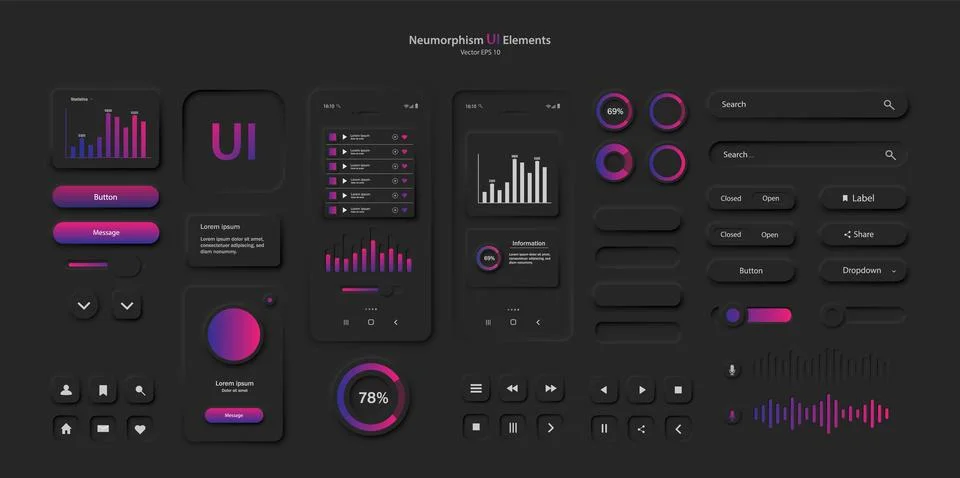 User interface elements for a mobile application in black and pink Stock Illustration