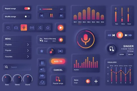 User interface elements for music mobile app. Unique neumorphic design UI, UX Stock Illustration