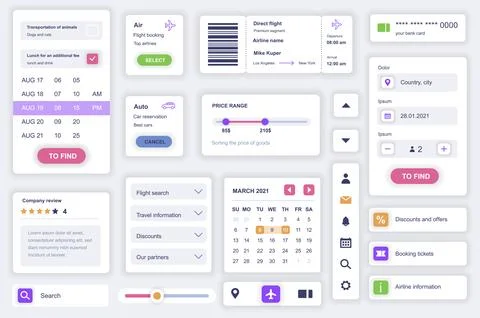 User interface elements set for booking mobile app. Kit template with HUD dia Stock Illustration