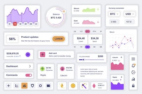 User interface elements set for cryptocurrency mobile app. Kit template with  Stock Illustration