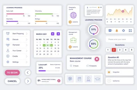 User interface elements set for education mobile app. Kit template with HUD.. Illustrazione stock