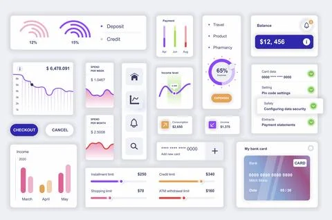 User interface elements set for finance mobile app. Kit template with HUD dia Stock Illustration