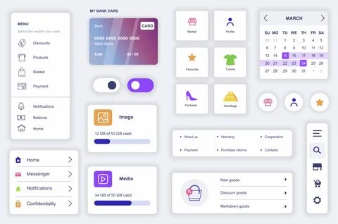 User interface elements set for shopping mobile app. Kit template with HUD di Stock Illustration