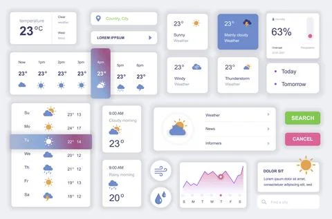 User interface elements set for weather mobile app. Kit template with HUD dia Illustrazione stock