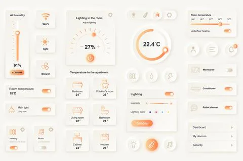 User interface elements for smart home mobile app. Unique neumorphic design U Stock Illustration