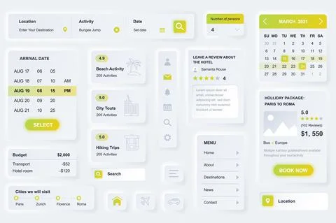 User interface elements for travel agency mobile app. Unique neumorphic desig Stock Illustration