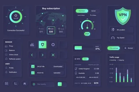 User interface elements for VPN service mobile app. Unique neumorphic design  Stock Illustration