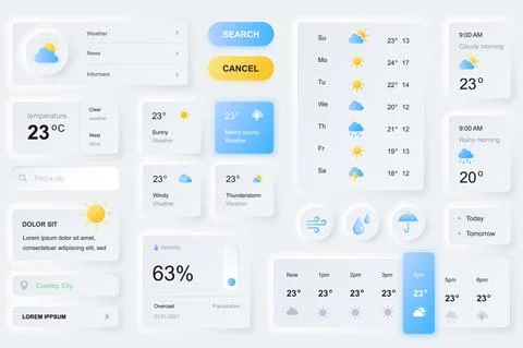 User interface elements for weather forecast mobile app. Unique neumorphic de Stock Illustration