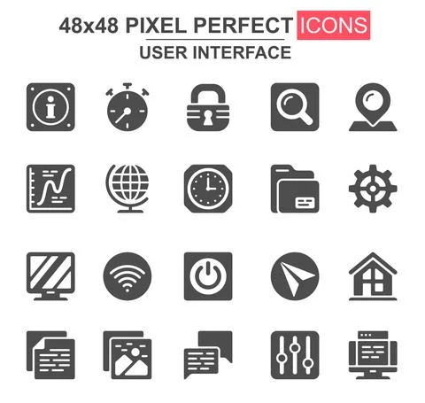 User interface glyph icon set. Pinpointer, lock, gear, email, magnifier, cloc Ilustración de archivo