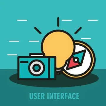 User interface, green background with light bulb camera and compass icons linear Stock Illustration