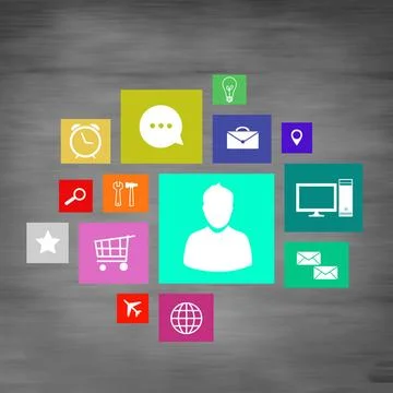 User interface Group of colorful application icons on wall background Copy... Stock Photos