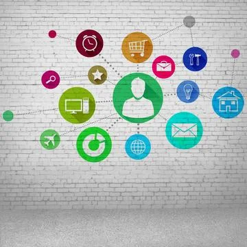 User interface Group of colorful application icons on wall background Copy... Stock Photos