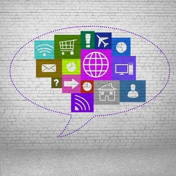 User interface Group of colorful application icons on wall background Copy... Stock Photos