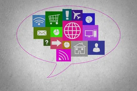 User interface Group of colorful application icons on wall background Copy... Stock Photos