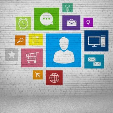 User interface Group of colorful application icons on wall background Copy... 스톡 사진