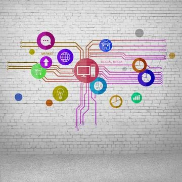 User interface Group of colorful application icons on wall background Copy... Stock Photos