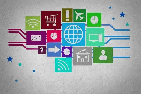 User interface Group of colorful application icons on wall background Copy... Stock Photos