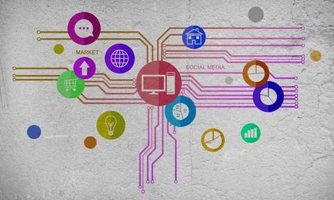 User interface Group of colorful application icons on wall background Copy... Stock Photos