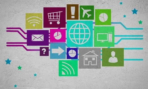 User interface Group of colorful application icons on wall background Copy... Stock Photos