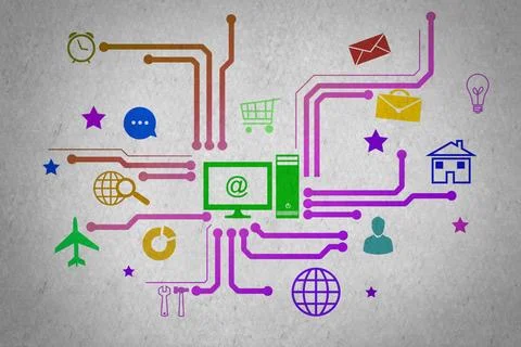 User interface Group of colorful application icons on wall background Copy... Foto stock