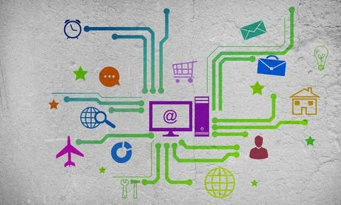 User interface Group of colorful application icons on wall background ,mod... Foto stock