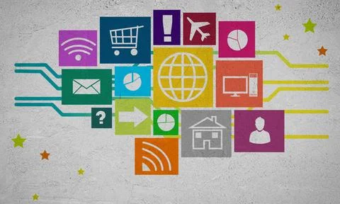 User interface Group of colorful application icons on wall background ,mod... Foto stock