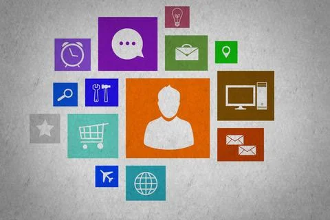 User interface Group of colorful application icons on wall background ,mod... Stock Photos