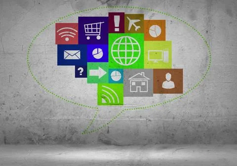 User interface Group of colorful application icons on wall background ,mod... Stock Photos